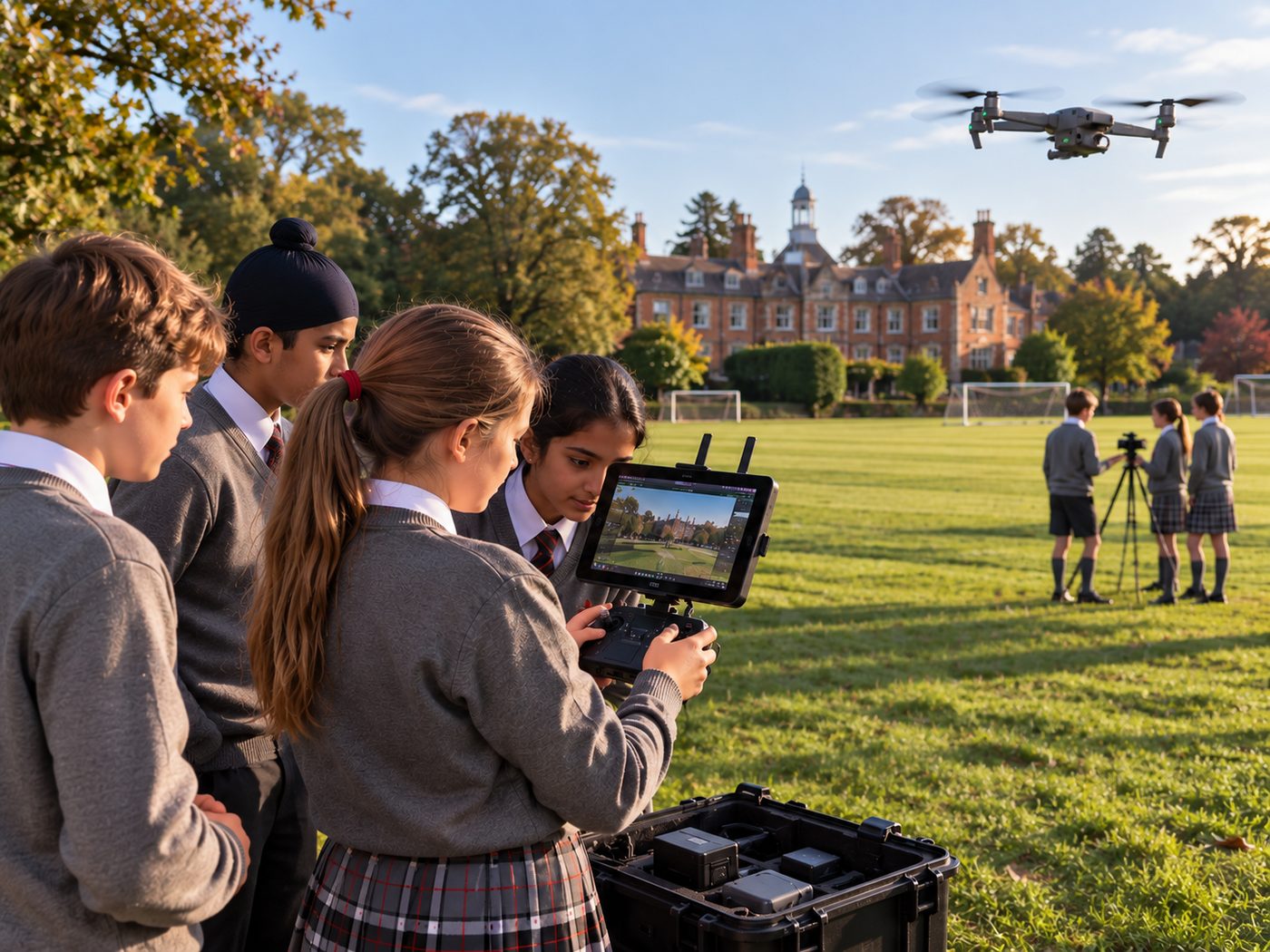 Pupils flying a drone over the school playing field
