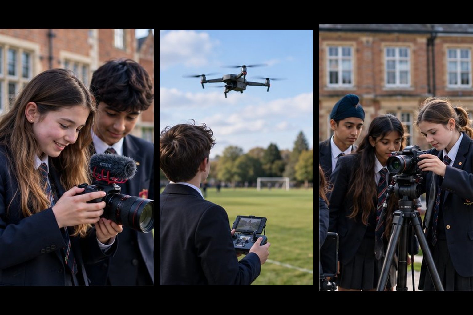 Pupils with a camera and shotgun mic, a drone in flight and a tripod setup