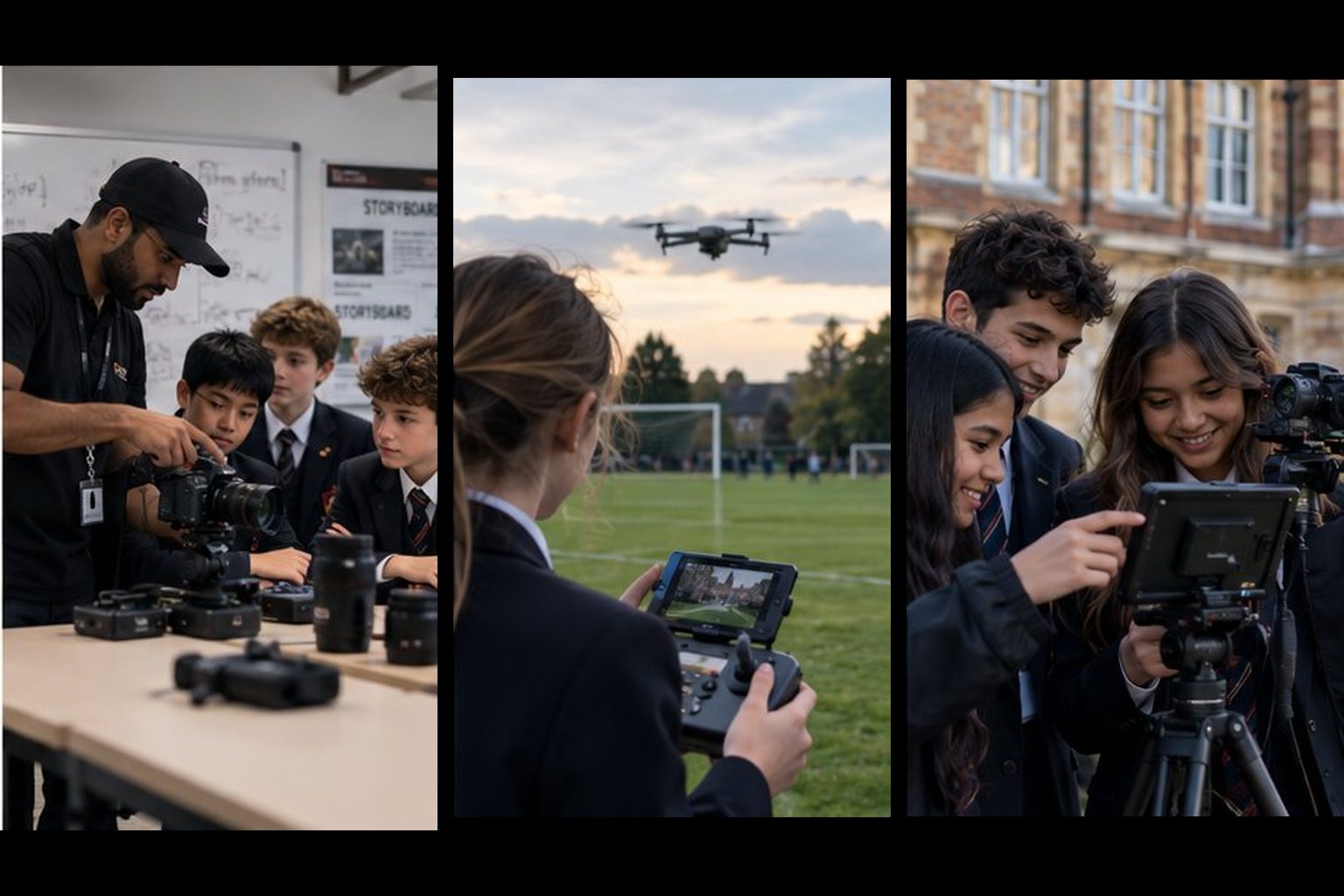 A tutor showing pupils the camera, a drone pilot and a group checking a shot